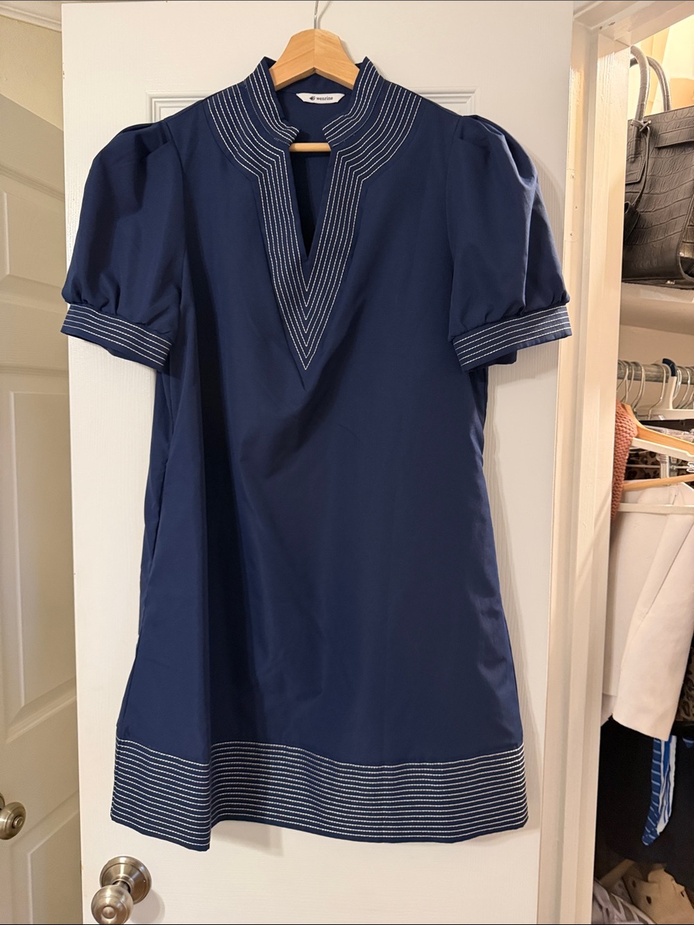 Navy Short Sleeve A-Line Dress with Embroidered Trim